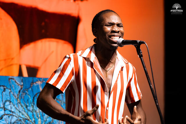 Caption: Headliner Deo The Poet kept the over 200 audience enthralled as he performed his passionate poems at PoeTree- A Celebration of Spoken Word which was held at The Sage Bar on February 29th 2024.